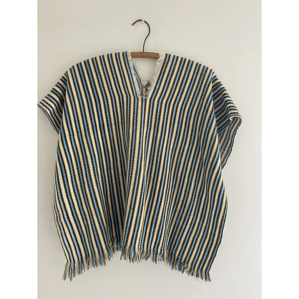 Vintage Mexican Kids Serape Pancho Blue‎ Gold Stripe Open Sides Slip On 22